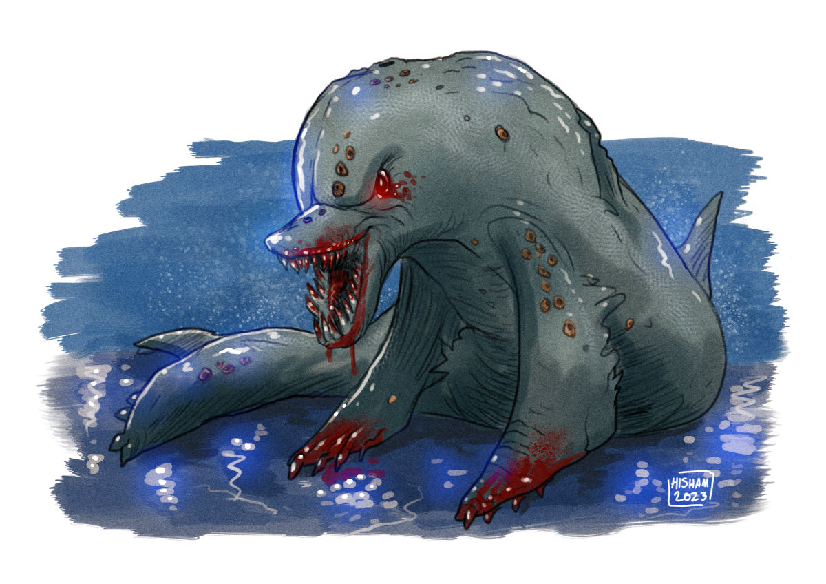 Color digital sketch of a mutant killer dolphin with fangs, bloody mouth and fins, on land 
